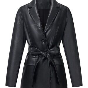 🆕 Women Black Faux Leather Blazer Jackets Spring Fashion Vegan Button Down Coat